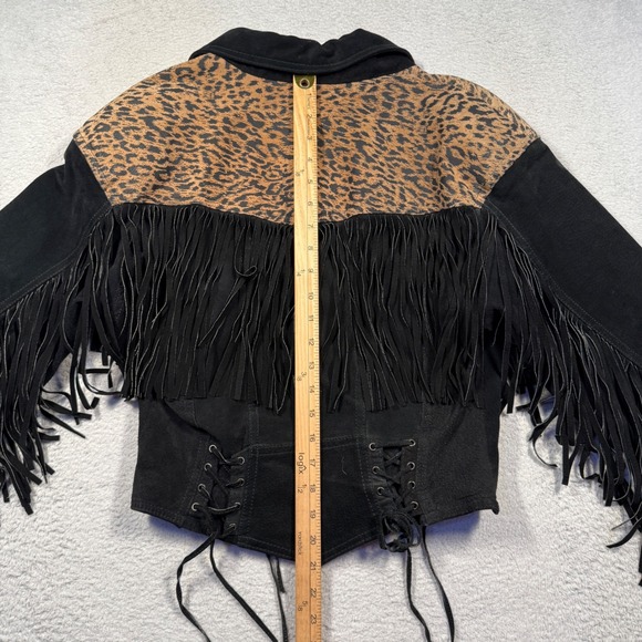 Vintage 80s CHIA Womens Black Suede Leopard Print Fringe Lace Up Jacket M - Picture 7 of 9